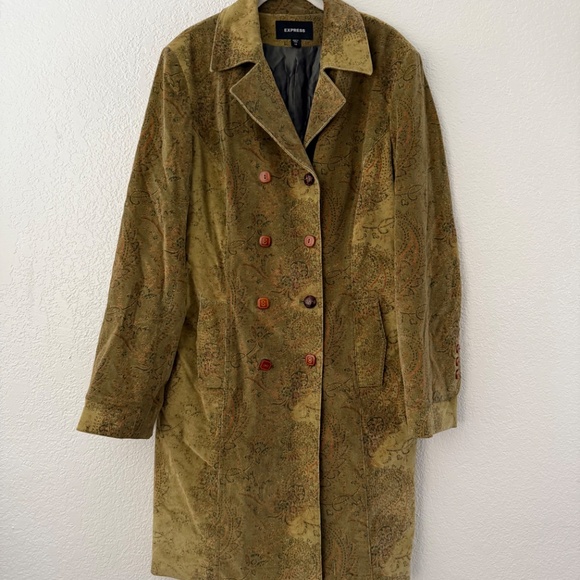 Express Women’s Vintage Moss Green Cotton Paisley Button Coat Size 14 - Picture 3 of 16